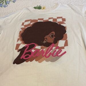 Barbie White Tee with Brown Afro Graphic and Pink Logo